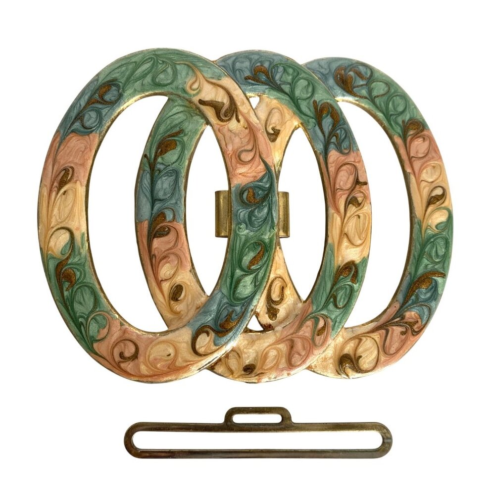 Retro Enamel Swirl Belt Buckle 3-Ring Large Green Blue Peach Goldtone 4.5x3.5in